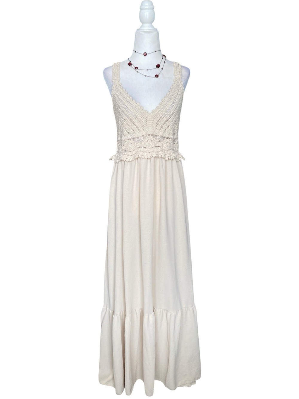 Boho Crochet Bodice Cream Maxi Dress